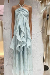 Cute A Line Halter Ruffled Floral Blue Summer Holiday Dresses WomenS Long Vacation Dresses