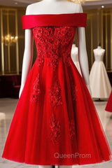 Cute A Line Off Shoulder Short Red Lace Evening Prom Dresses, Short Red Bridesmaid Dresses, Graduation Dresses