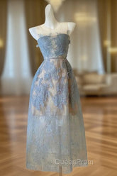 Cute A Line Scoop Neckline Lace Blue Evening Prom Dresses Evening Dresses