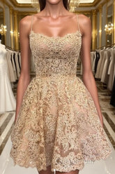 Cute Backless Short Golden Lace Evening Prom Dresses, Golden Lace Homecoming Dresses, Short Golden Formal Evening Dresses