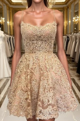 Cute Backless Short Golden Lace Evening Prom Dresses, Golden Lace Homecoming Dresses, Short Golden Formal Evening Dresses