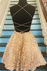 Cute Backless Short Golden Lace Evening Prom Dresses, Golden Lace Homecoming Dresses, Short Golden Formal Evening Dresses
