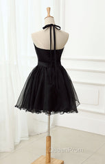 Cute Black Tulle Halter Short Homecoming Dresses, Black Evening Prom Dresses