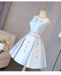Cute Blue Satin Short Homecoming Dresses Party Dresses, Blue Evening Prom Dresses With Flowers