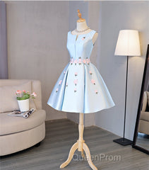 Cute Blue Satin Short Homecoming Dresses Party Dresses, Blue Evening Prom Dresses With Flowers