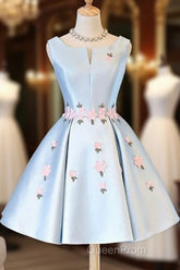 Cute Blue Satin Short Homecoming Dresses Party Dresses, Blue Evening Prom Dresses With Flowers