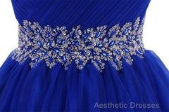 Cute Blue Sweetheart Tulle Cocktail Dress Homecoming Dress With Beading, Short Prom Dress