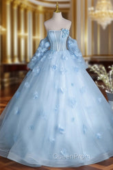 Cute Blue Tulle With Flowers Long Evening Dresses, Blue Evening Gown Sweet 16 Dresses