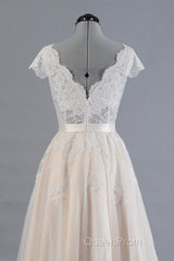 Cute Cap Sleeve V-neck Lace Tulle Wedding Dresses