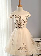 Cute Champagne Off Shoulder Knee Length Evening Prom Dresses , Lovely Evening Dresses