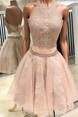 Cute champagne tulle lace short Evening Prom Dresses, homecoming Dresses