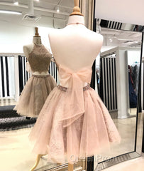 Cute champagne tulle lace short Evening Prom Dresses, homecoming Dresses