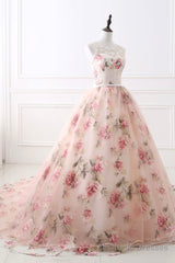 Cute Floral Long Prom Dress with Lace, A-Line Scoop Neckline Party Dress