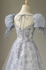 Cute Floral Printed Long Evening Prom Dresses A Line Puff Sleeves Blue Party Gown