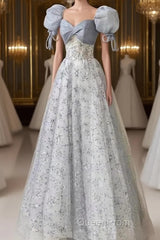 Cute Floral Printed Long Evening Prom Dresses A Line Puff Sleeves Blue Party Gown