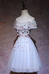 Cute Gray Blue Tulle Short Evening Prom Dresses, Off The Shoulder Homecoming Dresses