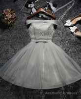 Cute Gray Lace Tulle Short Prom Dress, Gray Homecoming Dress