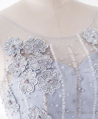 Cute Gray Round Neck Lace Tulle Short Prom Dress, Homecoming Dress