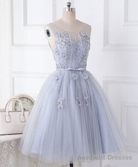 Cute Gray Round Neck Lace Tulle Short Prom Dress, Homecoming Dress