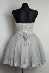 Cute Gray Tulle Lace Short Evening Prom Dresses, Gray Homecoming Dresses
