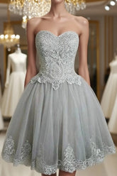 Cute Gray Tulle Lace Short Evening Prom Dresses, Gray Homecoming Dresses