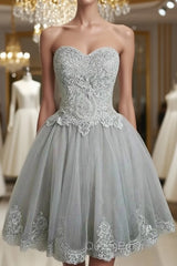Cute Gray Tulle Lace Short Evening Prom Dresses, Gray Homecoming Dresses