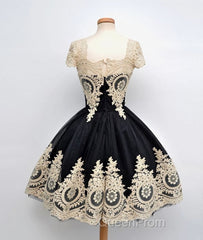 Cute Lace Applique Black Short Evening Prom Dresses, Lace Applique Homecoming Dresses