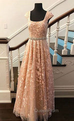 Cute Lace Champagne Evening Prom Dresses, Lace Evening Dresses