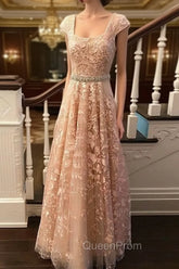 Cute Lace Champagne Evening Prom Dresses, Lace Evening Dresses