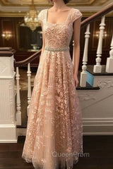Cute Lace Champagne Evening Prom Dresses, Lace Evening Dresses