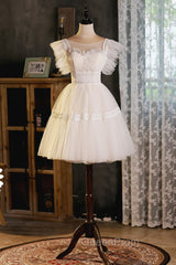 Cute Lace Short A-Line Evening Prom Dresses, Champagne Mini Homecoming Party Dresses