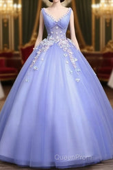 Cute Lavender Tulle Ball Gown V-Neckline Sweet 16 Dresses, Light Purple Formal Dresses