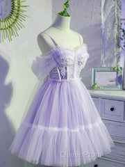 Cute Lavender Tulle Short Straps Homecoming Dressess, Tulle Sweetheart Evening Prom Dresses