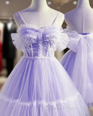 Cute Lavender Tulle Short Straps Homecoming Dressess, Tulle Sweetheart Evening Prom Dresses