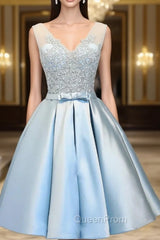 Cute Light Blue Short Homecoming Dresses Cheap V Neck