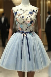 Cute Light Blue Short Tulle Homecoming Dresses, Blue Evening Prom Dresses