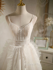 Cute Light Champagne Lace Tulle Short Evening Prom Dresses, Puffy Homecoming Dresses