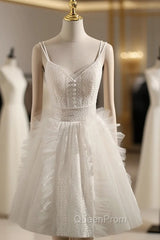 Cute Light Champagne Lace Tulle Short Evening Prom Dresses, Puffy Homecoming Dresses