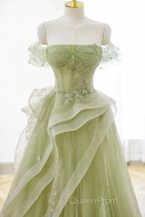 Cute Light Green A-Line Beaded Tulle Party Dresses, Light Green Long Evening Prom Dresses