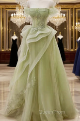 Cute Light Green A-Line Beaded Tulle Party Dresses, Light Green Long Evening Prom Dresses