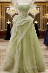 Cute Light Green A-Line Beaded Tulle Party Dresses, Light Green Long Evening Prom Dresses