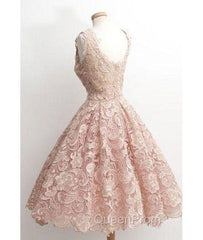 Cute Light Pink Lace Short Evening Prom Dresses, Lace Bridesmaid Dresses