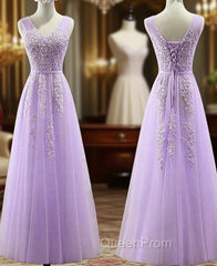 Cute Light Purple Tulle with Lace V-neckline Evening Prom Dresses, Long Evening Gown Evening Dresses