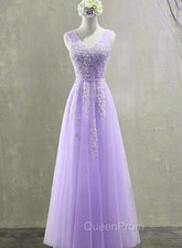 Cute Light Purple Tulle with Lace V-neckline Evening Prom Dresses, Long Evening Gown Evening Dresses