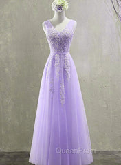 Cute Light Purple Tulle with Lace V-neckline Evening Prom Dresses, Long Evening Gown Evening Dresses