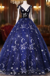 Cute Navy Blue Ball Gown V-Neckline Party Dresses, Navy Blue Sweet 16 Dresses