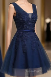 Cute Navy Blue Knee Length Lace Applique Party Dresses, Homecoming Dresses