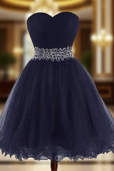 Cute Navy Blue Sweetheart Beaded Homecoming Dresses, Short Evening Prom Dresses