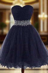 Cute Navy Blue Sweetheart Beaded Homecoming Dresses, Short Evening Prom Dresses