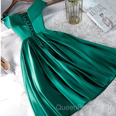 Cute Off Shoulder Green Satin Short Evening Prom Dresses, Off the Shoulder Green Homecoming Dresses, Green Formal Evening Dresses